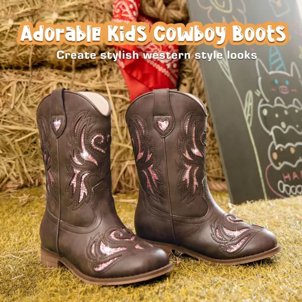 imageKids Cowboy Boots Western Square Toe Glitter Toddler Girls Cowgirl Boot Mid Calf Little KidBig Kid Party Birthday Riding ShoesDark Brown Pink