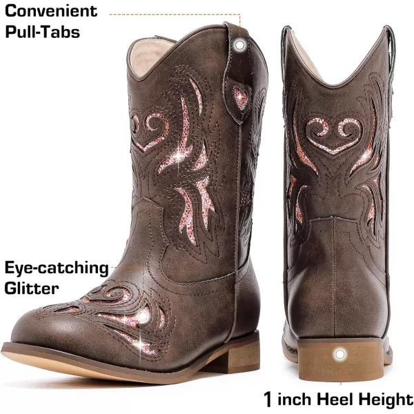 imageKids Cowboy Boots Western Square Toe Glitter Toddler Girls Cowgirl Boot Mid Calf Little KidBig Kid Party Birthday Riding ShoesDark Brown Pink