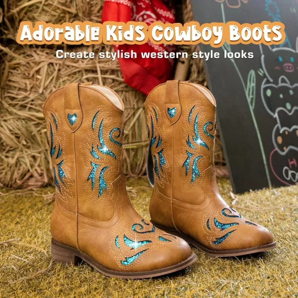 imageKids Cowboy Boots Western Square Toe Glitter Toddler Girls Cowgirl Boot Mid Calf Little KidBig Kid Party Birthday Riding ShoesTan Blue