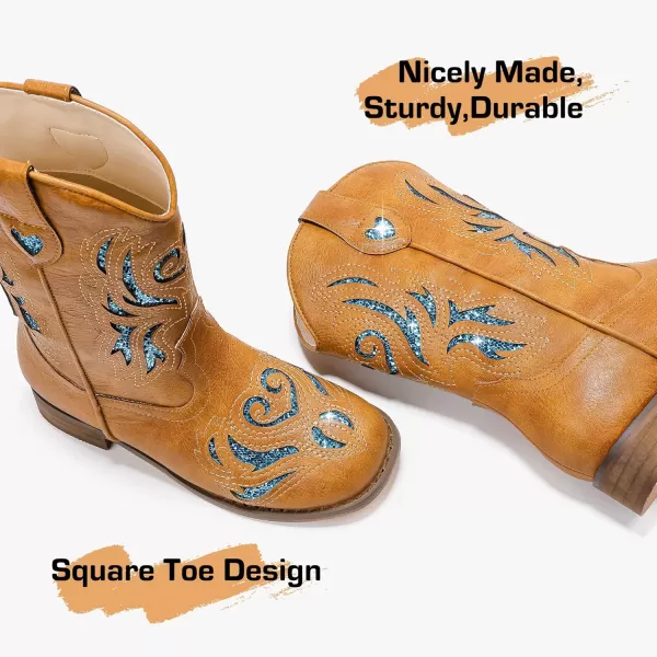 imageKids Cowboy Boots Western Square Toe Glitter Toddler Girls Cowgirl Boot Mid Calf Little KidBig Kid Party Birthday Riding ShoesTan Blue