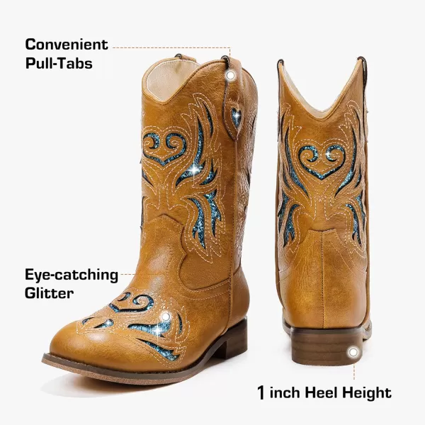 imageKids Cowboy Boots Western Square Toe Glitter Toddler Girls Cowgirl Boot Mid Calf Little KidBig Kid Party Birthday Riding ShoesTan Blue