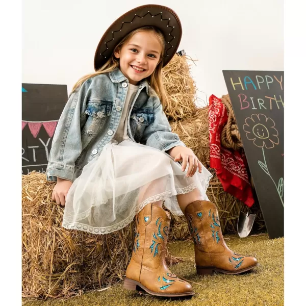 imageKids Cowboy Boots Western Square Toe Glitter Toddler Girls Cowgirl Boot Mid Calf Little KidBig Kid Party Birthday Riding ShoesTan Blue
