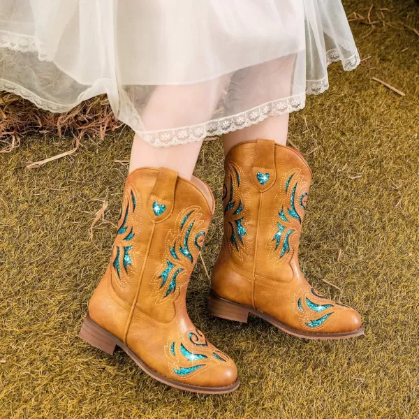 imageKids Cowboy Boots Western Square Toe Glitter Toddler Girls Cowgirl Boot Mid Calf Little KidBig Kid Party Birthday Riding ShoesTan Blue