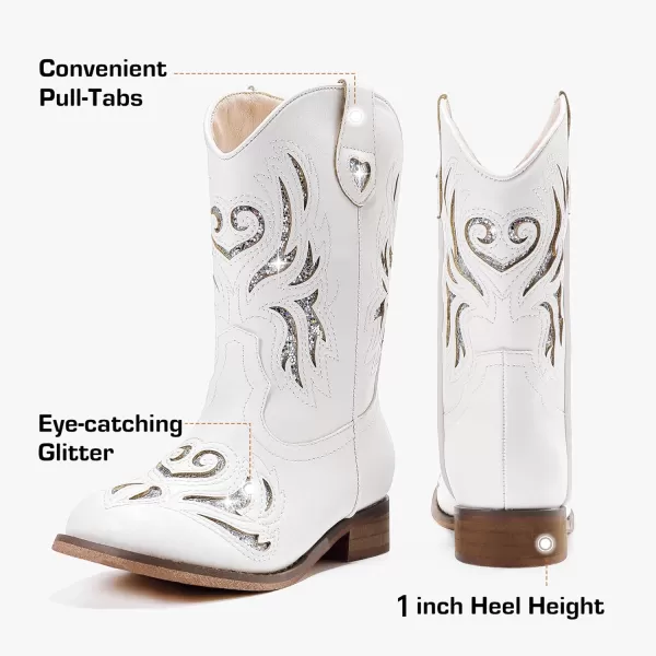 imageKids Cowboy Boots Western Square Toe Glitter Toddler Girls Cowgirl Boot Mid Calf Little KidBig Kid Party Birthday Riding ShoesWhite Silver