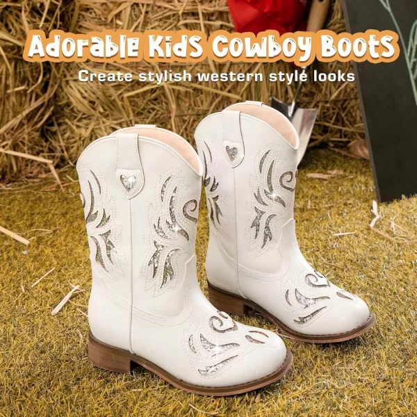 imageKids Cowboy Boots Western Square Toe Glitter Toddler Girls Cowgirl Boot Mid Calf Little KidBig Kid Party Birthday Riding ShoesWhite Silver