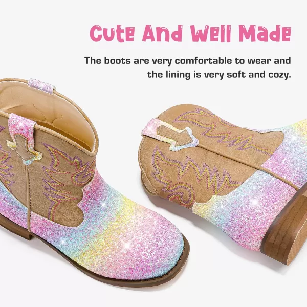 imageToddler Girls Cowgirl Boots Western Glitter Cowboy Boot Ankle Boots Little Kids Big Kid Horse Riding Shoes Party Birthday Dress Up DanceRainbow Shiny