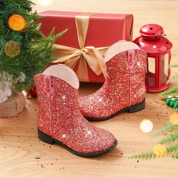 imageToddler Girls Cowgirl Boots Western Glitter Cowboy Boot Ankle Boots Little Kids Big Kid Horse Riding Shoes Party Birthday Dress Up DanceRed Glitter