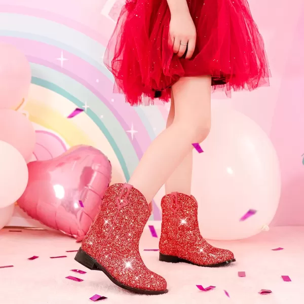 imageToddler Girls Cowgirl Boots Western Glitter Cowboy Boot Ankle Boots Little Kids Big Kid Horse Riding Shoes Party Birthday Dress Up DanceRed Glitter