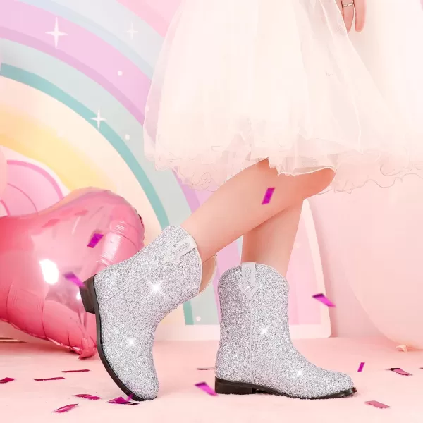 imageToddler Girls Cowgirl Boots Western Glitter Cowboy Boot Ankle Boots Little Kids Big Kid Horse Riding Shoes Party Birthday Dress Up DanceSilver Glitter