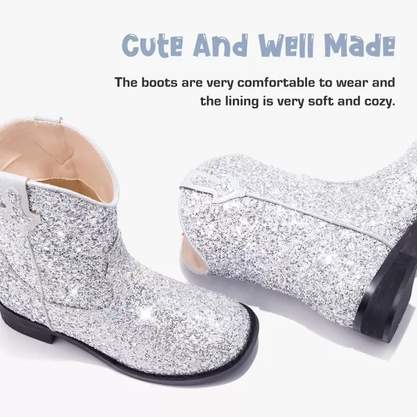 imageToddler Girls Cowgirl Boots Western Glitter Cowboy Boot Ankle Boots Little Kids Big Kid Horse Riding Shoes Party Birthday Dress Up DanceSilver Glitter