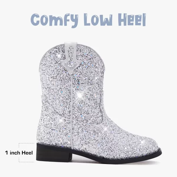 imageToddler Girls Cowgirl Boots Western Glitter Cowboy Boot Ankle Boots Little Kids Big Kid Horse Riding Shoes Party Birthday Dress Up DanceSilver Glitter