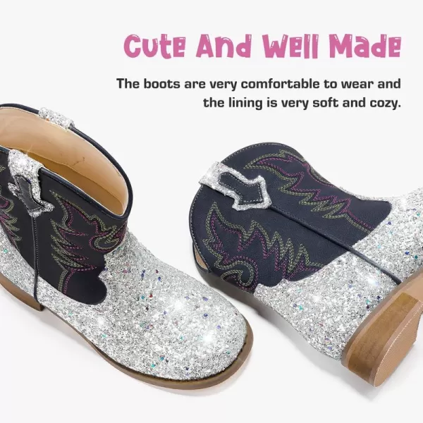 imageToddler Girls Cowgirl Boots Western Glitter Cowboy Boot Ankle Boots Little Kids Big Kid Horse Riding Shoes Party Birthday Dress Up DanceSilver Sequins