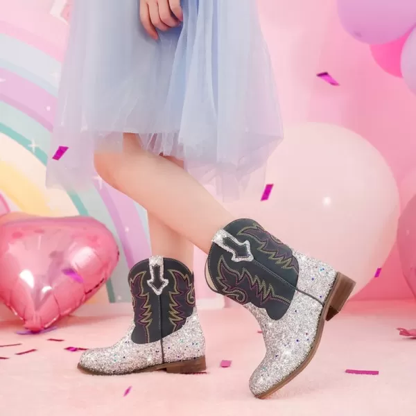 imageToddler Girls Cowgirl Boots Western Glitter Cowboy Boot Ankle Boots Little Kids Big Kid Horse Riding Shoes Party Birthday Dress Up DanceSilver Sequins