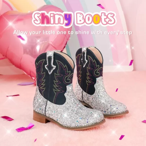 imageToddler Girls Cowgirl Boots Western Glitter Cowboy Boot Ankle Boots Little Kids Big Kid Horse Riding Shoes Party Birthday Dress Up DanceSilver Sequins