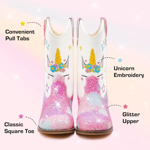 imageUnicorn Girls Cowgirl Boots Mid Calf Square Toe Glitter Toddler Western Cowboy Boot Little Kid Big Kid Riding Shoes Princess Dress Up Party Birthday DanceUnicorn White Rainbow