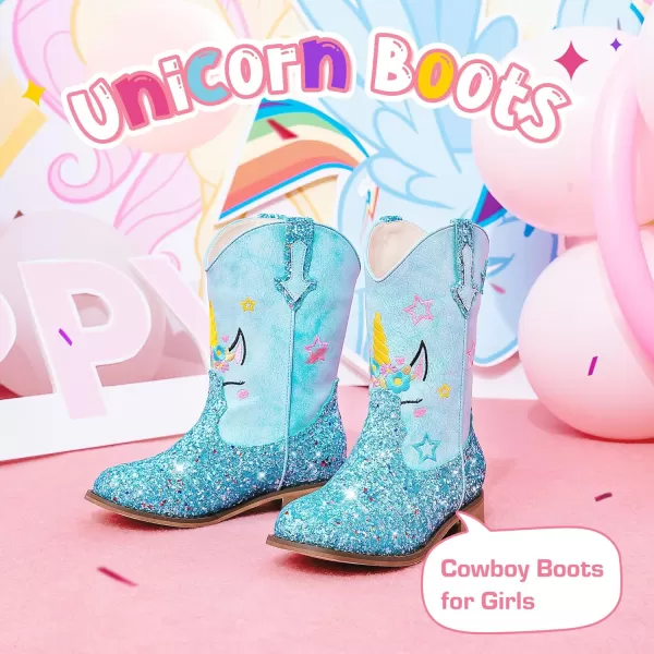 imageUnicorn Girls Cowgirl Boots Mid Calf Square Toe Glitter Toddler Western Cowboy Boot Little Kid Big Kid Riding Shoes Princess Dress Up Party Birthday DanceUnicorn Blue