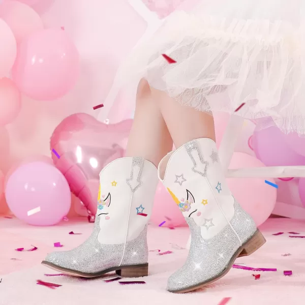 imageUnicorn Girls Cowgirl Boots Mid Calf Square Toe Glitter Toddler Western Cowboy Boot Little Kid Big Kid Riding Shoes Princess Dress Up Party Birthday DanceUnicorn White Silver