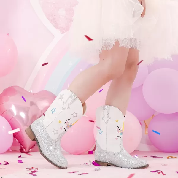 imageUnicorn Girls Cowgirl Boots Mid Calf Square Toe Glitter Toddler Western Cowboy Boot Little Kid Big Kid Riding Shoes Princess Dress Up Party Birthday DanceUnicorn White Silver