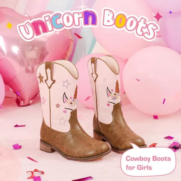 imageUnicorn Girls Cowgirl Boots Mid Calf Square Toe Glitter Toddler Western Cowboy Boot Little Kid Big Kid Riding Shoes Princess Dress Up Party Birthday DanceUnicorn Pink Brown