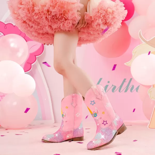 imageUnicorn Girls Cowgirl Boots Mid Calf Square Toe Glitter Toddler Western Cowboy Boot Little Kid Big Kid Riding Shoes Princess Dress Up Party Birthday DanceUnicorn Pink