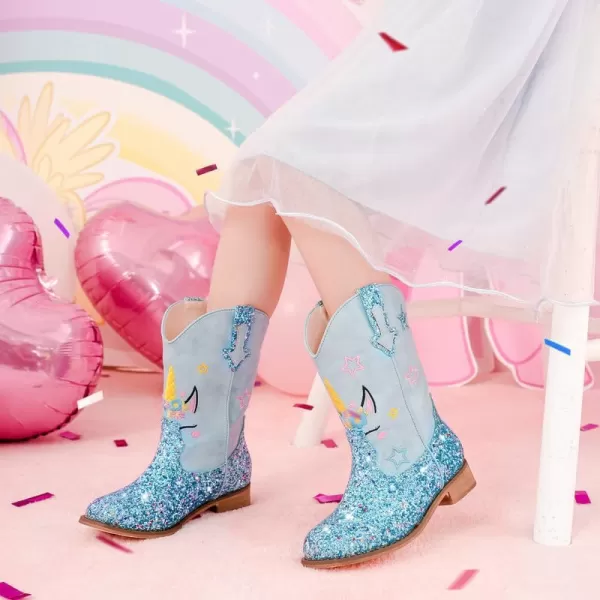 imageUnicorn Girls Cowgirl Boots Mid Calf Square Toe Glitter Toddler Western Cowboy Boot Little Kid Big Kid Riding Shoes Princess Dress Up Party Birthday DanceUnicorn Blue
