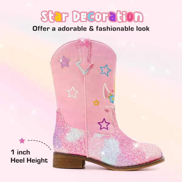 imageUnicorn Girls Cowgirl Boots Mid Calf Square Toe Glitter Toddler Western Cowboy Boot Little Kid Big Kid Riding Shoes Princess Dress Up Party Birthday DanceUnicorn Pink