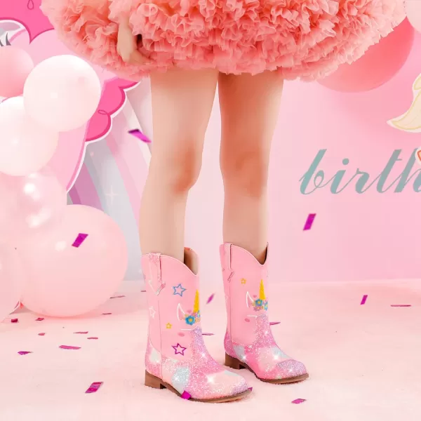 imageUnicorn Girls Cowgirl Boots Mid Calf Square Toe Glitter Toddler Western Cowboy Boot Little Kid Big Kid Riding Shoes Princess Dress Up Party Birthday DanceUnicorn Pink