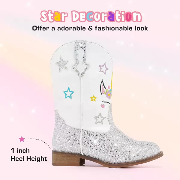 imageUnicorn Girls Cowgirl Boots Mid Calf Square Toe Glitter Toddler Western Cowboy Boot Little Kid Big Kid Riding Shoes Princess Dress Up Party Birthday DanceUnicorn White Silver