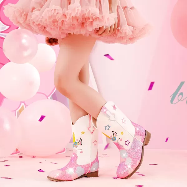 imageUnicorn Girls Cowgirl Boots Mid Calf Square Toe Glitter Toddler Western Cowboy Boot Little Kid Big Kid Riding Shoes Princess Dress Up Party Birthday DanceUnicorn White Rainbow
