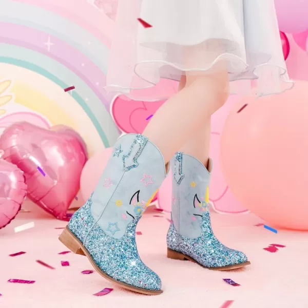imageUnicorn Girls Cowgirl Boots Mid Calf Square Toe Glitter Toddler Western Cowboy Boot Little Kid Big Kid Riding Shoes Princess Dress Up Party Birthday DanceUnicorn Blue