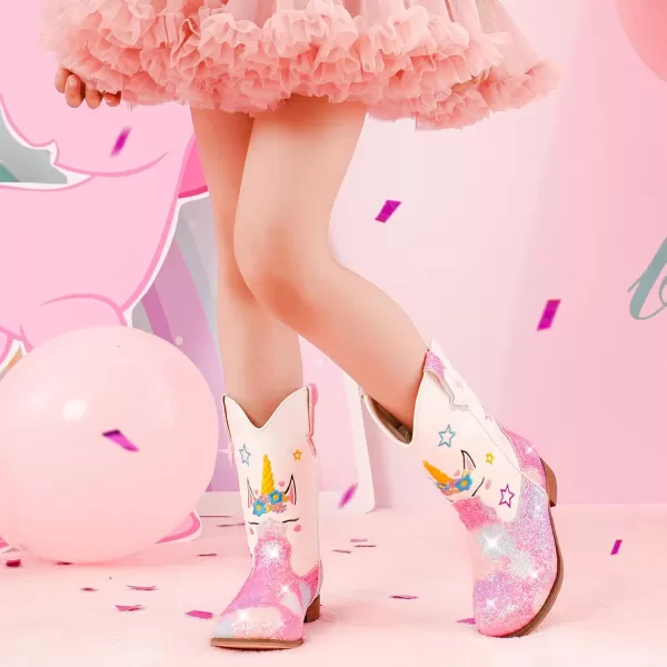 imageUnicorn Girls Cowgirl Boots Mid Calf Square Toe Glitter Toddler Western Cowboy Boot Little Kid Big Kid Riding Shoes Princess Dress Up Party Birthday DanceUnicorn White Rainbow