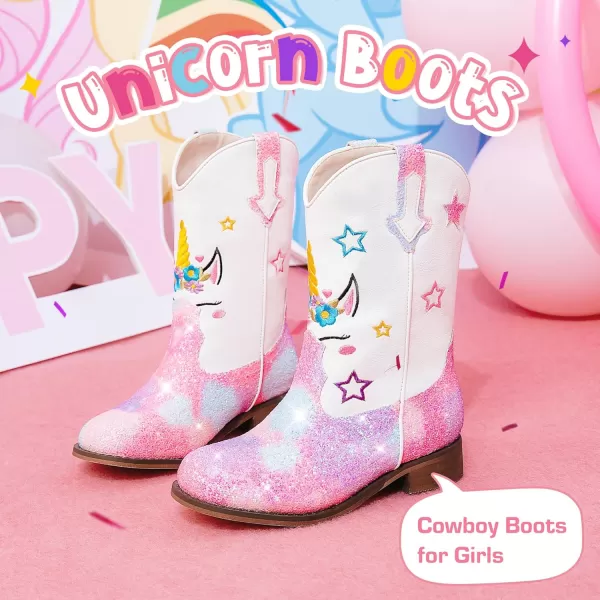 imageUnicorn Girls Cowgirl Boots Mid Calf Square Toe Glitter Toddler Western Cowboy Boot Little Kid Big Kid Riding Shoes Princess Dress Up Party Birthday DanceUnicorn White Rainbow