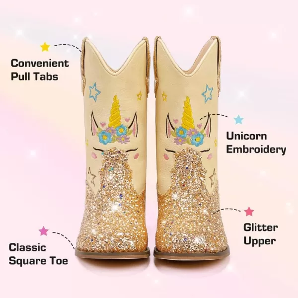 imageUnicorn Girls Cowgirl Boots Mid Calf Square Toe Glitter Toddler Western Cowboy Boot Little Kid Big Kid Riding Shoes Princess Dress Up Party Birthday DanceUnicorn Gold