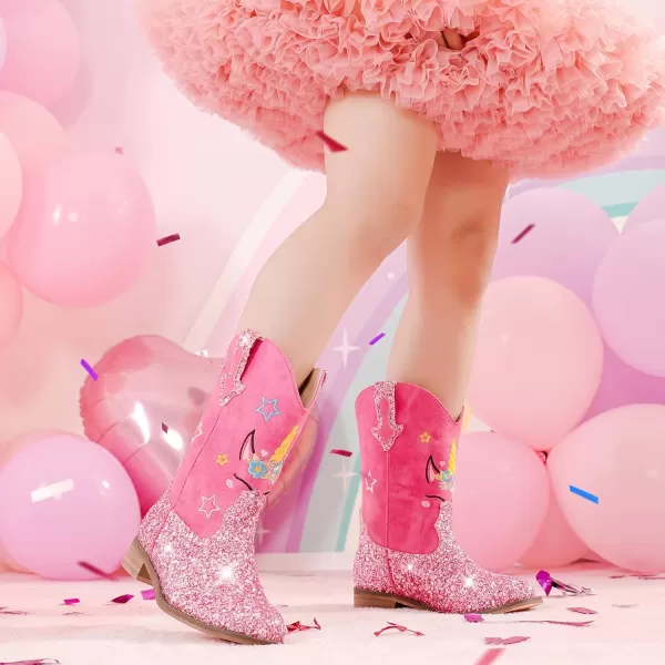 imageUnicorn Girls Cowgirl Boots Mid Calf Square Toe Glitter Toddler Western Cowboy Boot Little Kid Big Kid Riding Shoes Princess Dress Up Party Birthday DanceUnicorn Rose Pink