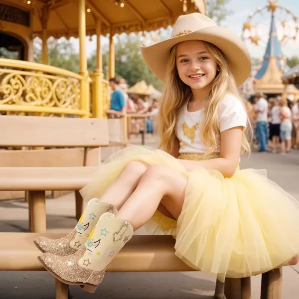 imageUnicorn Girls Cowgirl Boots Mid Calf Square Toe Glitter Toddler Western Cowboy Boot Little Kid Big Kid Riding Shoes Princess Dress Up Party Birthday DanceUnicorn Gold