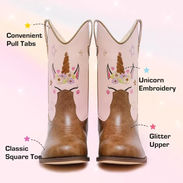 imageUnicorn Girls Cowgirl Boots Mid Calf Square Toe Glitter Toddler Western Cowboy Boot Little Kid Big Kid Riding Shoes Princess Dress Up Party Birthday DanceUnicorn Pink Brown