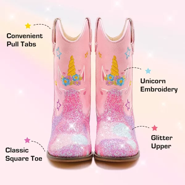 imageUnicorn Girls Cowgirl Boots Mid Calf Square Toe Glitter Toddler Western Cowboy Boot Little Kid Big Kid Riding Shoes Princess Dress Up Party Birthday DanceUnicorn Pink