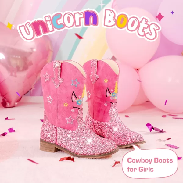 imageUnicorn Girls Cowgirl Boots Mid Calf Square Toe Glitter Toddler Western Cowboy Boot Little Kid Big Kid Riding Shoes Princess Dress Up Party Birthday DanceUnicorn Rose Pink