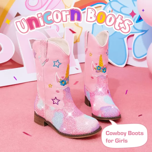 imageUnicorn Girls Cowgirl Boots Mid Calf Square Toe Glitter Toddler Western Cowboy Boot Little Kid Big Kid Riding Shoes Princess Dress Up Party Birthday DanceUnicorn Pink