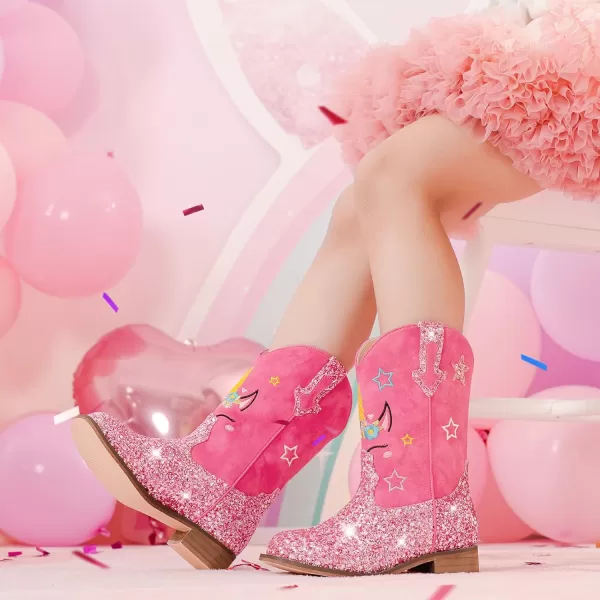 imageUnicorn Girls Cowgirl Boots Mid Calf Square Toe Glitter Toddler Western Cowboy Boot Little Kid Big Kid Riding Shoes Princess Dress Up Party Birthday DanceUnicorn Rose Pink