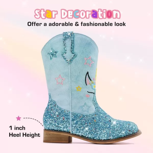 imageUnicorn Girls Cowgirl Boots Mid Calf Square Toe Glitter Toddler Western Cowboy Boot Little Kid Big Kid Riding Shoes Princess Dress Up Party Birthday DanceUnicorn Blue