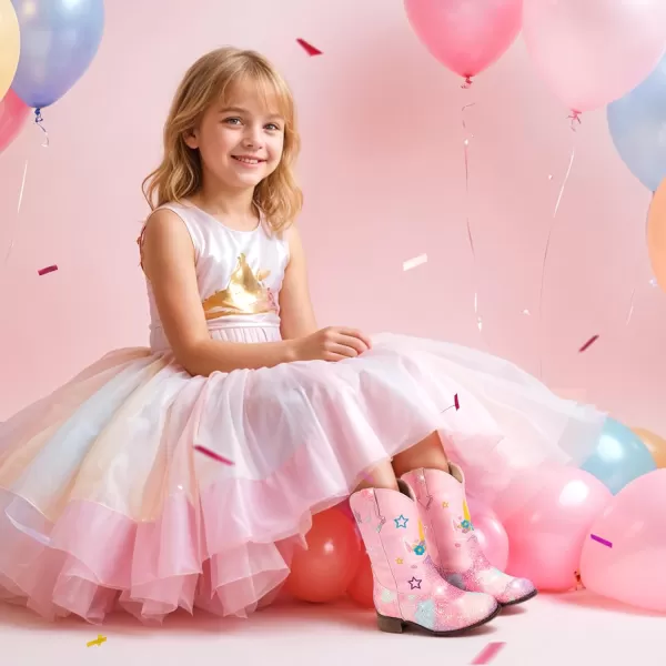 imageUnicorn Girls Cowgirl Boots Mid Calf Square Toe Glitter Toddler Western Cowboy Boot Little Kid Big Kid Riding Shoes Princess Dress Up Party Birthday DanceUnicorn Pink