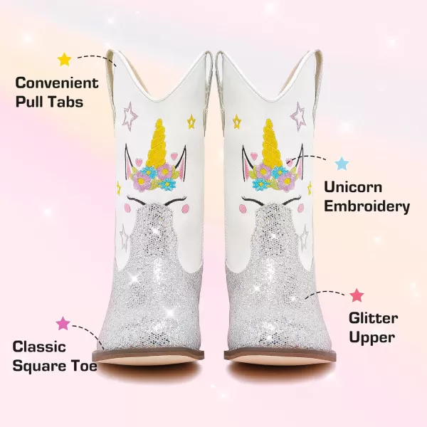imageUnicorn Girls Cowgirl Boots Mid Calf Square Toe Glitter Toddler Western Cowboy Boot Little Kid Big Kid Riding Shoes Princess Dress Up Party Birthday DanceUnicorn White Silver