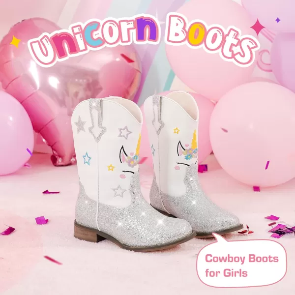 imageUnicorn Girls Cowgirl Boots Mid Calf Square Toe Glitter Toddler Western Cowboy Boot Little Kid Big Kid Riding Shoes Princess Dress Up Party Birthday DanceUnicorn White Silver