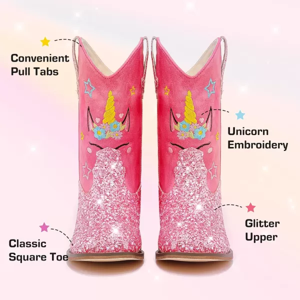 imageUnicorn Girls Cowgirl Boots Mid Calf Square Toe Glitter Toddler Western Cowboy Boot Little Kid Big Kid Riding Shoes Princess Dress Up Party Birthday DanceUnicorn Rose Pink