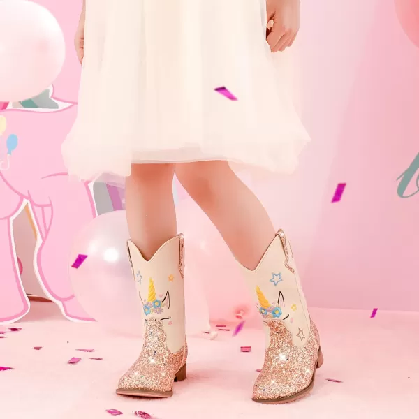 imageUnicorn Girls Cowgirl Boots Mid Calf Square Toe Glitter Toddler Western Cowboy Boot Little Kid Big Kid Riding Shoes Princess Dress Up Party Birthday DanceUnicorn Gold