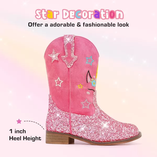 imageUnicorn Girls Cowgirl Boots Mid Calf Square Toe Glitter Toddler Western Cowboy Boot Little Kid Big Kid Riding Shoes Princess Dress Up Party Birthday DanceUnicorn Rose Pink