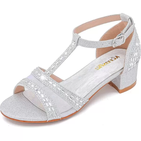 imageGirls Sandals Low Heel Dress Pump Open Toe T Strap Rhinestone Sandals Wedding Party Prom Shoes Little Big KidsTstrap Silver