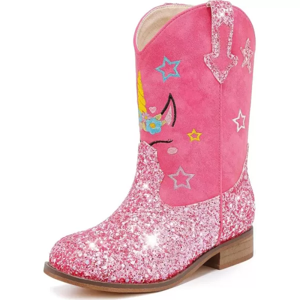 imageUnicorn Girls Cowgirl Boots Mid Calf Square Toe Glitter Toddler Western Cowboy Boot Little Kid Big Kid Riding Shoes Princess Dress Up Party Birthday DanceUnicorn Rose Pink