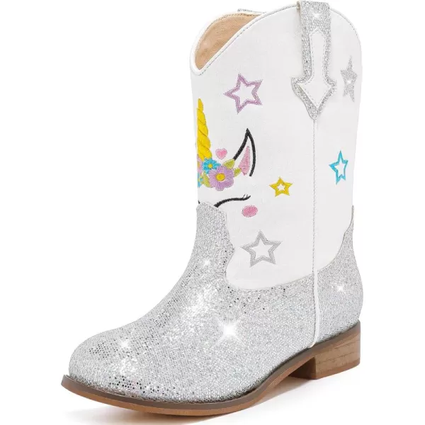 imageUnicorn Girls Cowgirl Boots Mid Calf Square Toe Glitter Toddler Western Cowboy Boot Little Kid Big Kid Riding Shoes Princess Dress Up Party Birthday DanceUnicorn White Silver